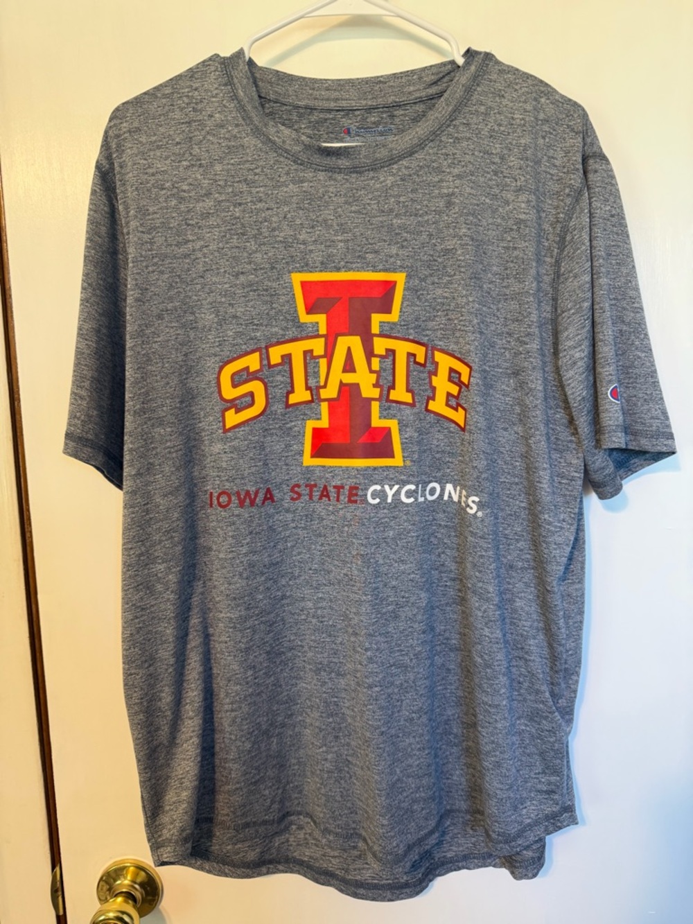 Champion Heather Gray Athletic Logo Tee with Blue & Red Marking